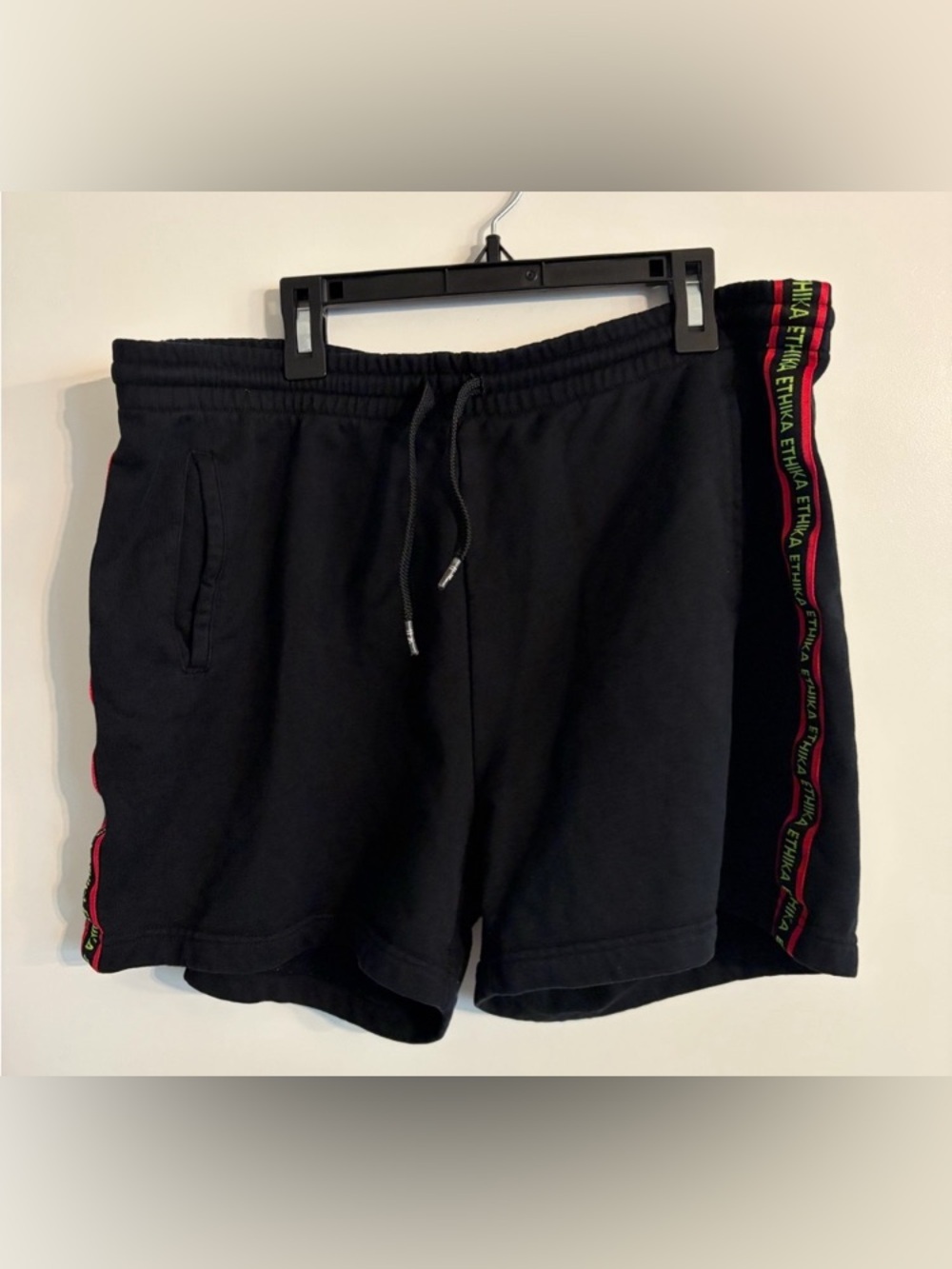 L.L. Bean Black Athletic Shorts with Red & Green Side Tape